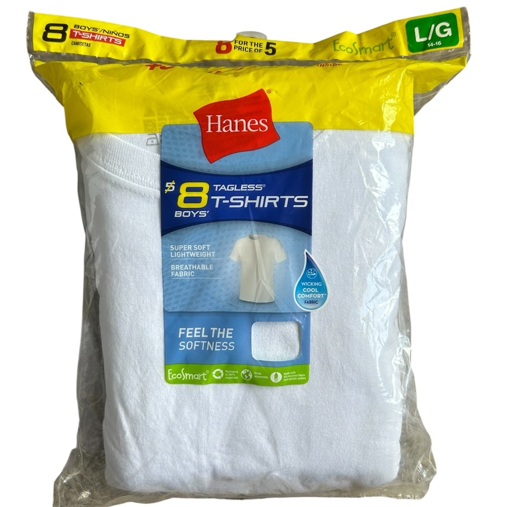 NEW Hanes EcoSmart Tagless Crewneck White T-Shirts, 8 Pack, Boys Large